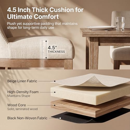 HNY Modern Dining Chairs Set of 6 with Comfortable Back Support, Farmhouse Soft Linen Upholstered Kitchen Dining Room Chairs with Solid Wood Legs, Armless Accent Side Chairs for Living Room, Beige