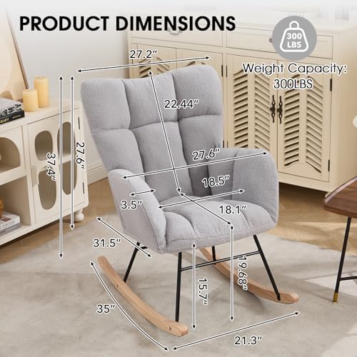 Nursery Rocking Chair, Teddy Upholstered Glider Chair with Thick Cushion, Tufted Gliding Rocker Chair with Wood Leg, Cozy Rocking Armchair, Accent Rocking Chair for Living Room (Light Gray)