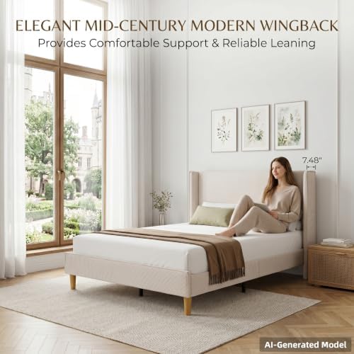 Twin Corduroy Upholstered Platform Bed with Headboard Wingback, Beige
