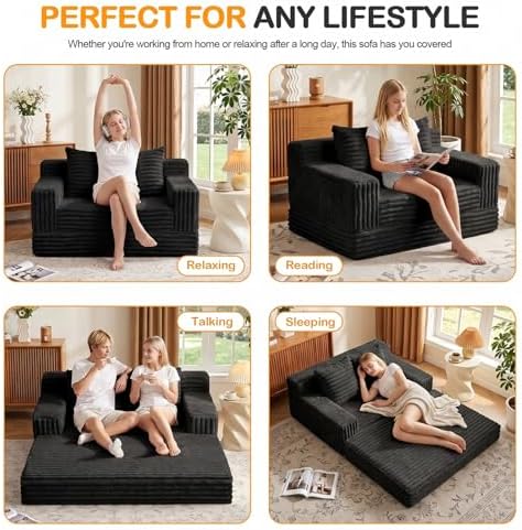Erament Boneless Loveseat Convertible Sofa Bed, Folding Floor Futon Sleeper Sofa Couch Bed- Boneless Foldable Couch, Corduroy Pull Out Sofa Bed with 2 Pillows for Living Room & Bedroom