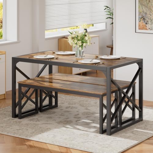 VECELO 55" Kitchen Dining Table Set for 4, Heavy-Duty Steel Frame & Wood-Grain Tabletop, Space-Saving Dinette Sets with 2 Benches for Breakfast Nook and Small Space, Brown