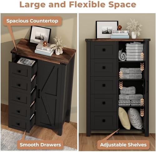VVFLU Farmhouse White Dresser for Bedroom with 4 Drawers and 2 Barn Doors, Black Wood Chest of Drawers 47 Inch Wide, Large, Long, Adjustable Shelves, 5 Legs, Living Dining Room, Entryway, Hallway