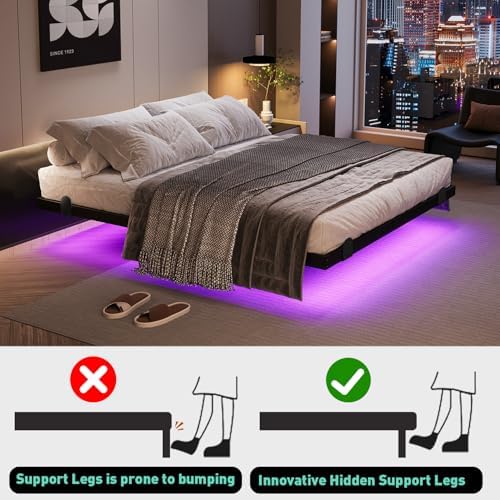 AGXI Floating Bed Frame with LED Lights and Charging Station, 10 Inch Queen Floating Bed Frame, Queen Platform Bed Frame, No Box Spring Needed, Easy to Assemble