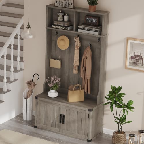 Garvee 77" H Farmhouse Hall Tree with Bench & Shoe Storage, Coat Rack