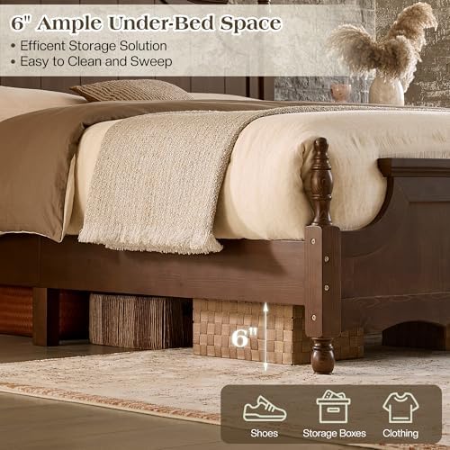 LUXOAK Queen Size Solid Wood Poster Bed, 55" Arched Headboard, Dark Walnut