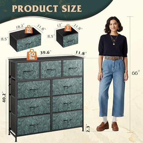 WLIVE Tall Dresser for Bedroom, 9 Drawer Chest of Drawers, Vintage Green
