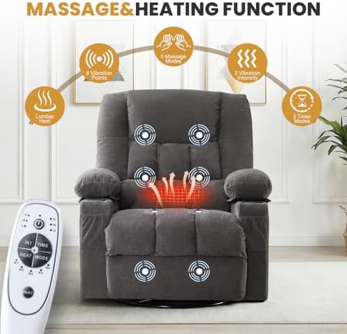 BOSMILLER Recliner Chair with Vibration Massage and Lumbar Heat for Living Room, Oversized Ergonomic Swivel Rocking Chair, Featuring Side Ptgocket, 2 Cup Holders & USB Charge Port