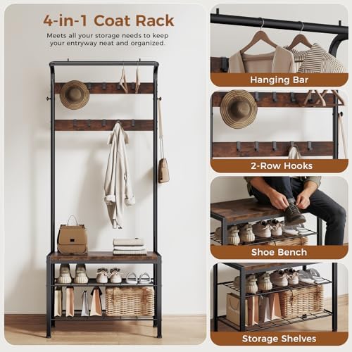 Hall Tree with Bench and Shoe Storage, 4-in-1 Entryway Organizer with 10 Hooks and Storage Shelf,Coat Rack Freestanding with 2-Tier Storage Shelf for Living Room, Bedroom Rustic
