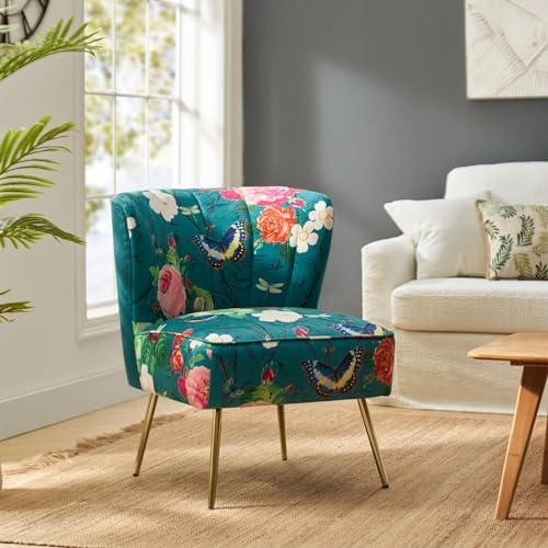 HULALA HOME Accent Chair with Golden Metal Legs, Comfy Tufted Wingback Living Room Chair Floral Fabric Small Armless Side Chair, Upholstered Slipper Chair for Bedroom, Reading Room Flower Print
