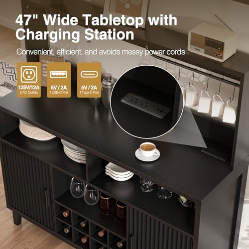 Fluted Coffee Bar Cabinet with Charging Station, 47.2" W Liquor Cabinet