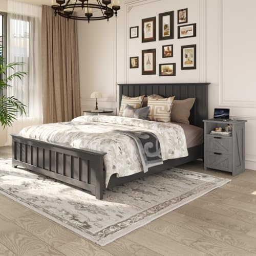 Farmhouse Night Stand Set of 2, Bed Side Table with 2 Drawers and Storage Shelf, Rustic Grey End Table for Bedroom, Living, Entryway, Office, Dorm, Small Spaces, Grey