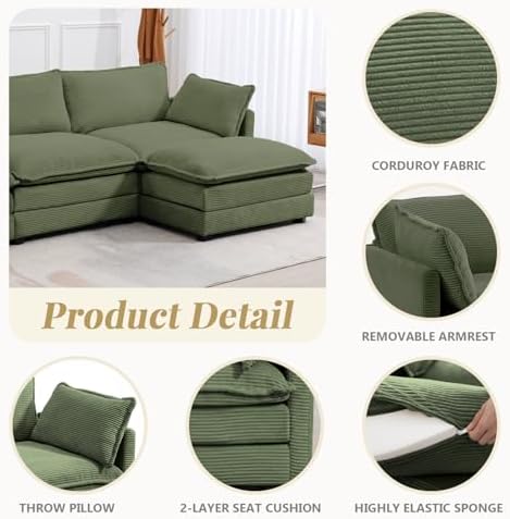 ROWHY 112'' Modular Sectional Cloud Couch with Movable Ottoman, 4 Seat Modern Corduroy Sofa, Deep Seat L Shaped Couch for Living Room Bedroom Apartment,Green