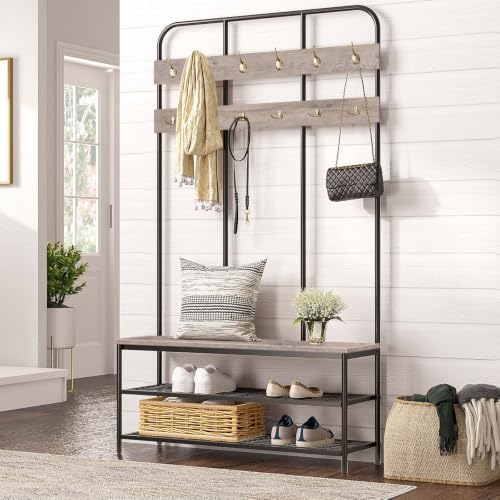 HOOBRO Hall Tree with Bench, Entryway Bench with Coat Rack, Mud Room Rack with 12 Double Hooks and Shoe Storage, Coat Tree, Shoe Organizer, for Foyer, Front Door, Greige and Black BG05MT01