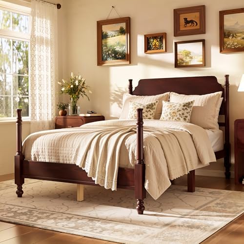 Vintage Wood Full Bed Frame, Traditional Spindle Platform with Tall Headboard, Dark Walnut Antique Style 4-Poster Design, Under Bed Storage, No Box Spring Needed