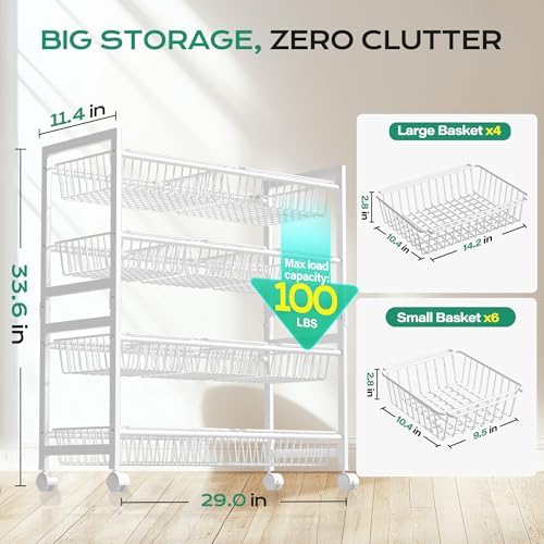 Cinati 4-Tier Snack Cart with Wheels, 29''W Toy Storage Organizer, Rolling Pantry Storage Cart with 10 Wire Baskets & Handle,Adjustable Metal Snack Rack, Kitchen Organizer for Fruit, Vegetables(White)