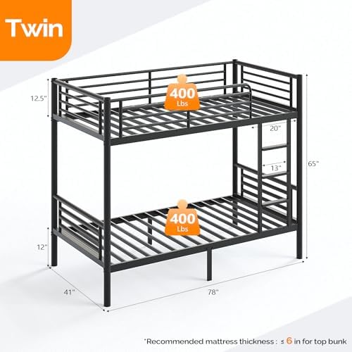 FCH Metal Bunk Bed Twin for Kids, Teens and Adults,Bunkbeds with Ladder and Flat Rungs, Heavy Duty Metal Slats Support, No Box Spring Needed, for Dorm,Bedroom,Black