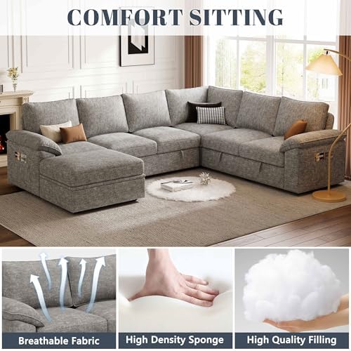 106'' Sleeper Sofa with Pull Out Bed, Modular Sectional Sofa , LightGray