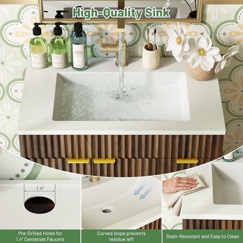 CARPETNAL 30 Inch Bathroom Vanity with Sink, Walnut. | Modern Fluted Bathroom Vanity with Sink with Storage Cabinet, Adjustable Shelf and 2 Soft Closing Doors & 3 Drawers.