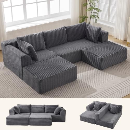 Korser 110" Boneless Couch, Modular Sectional Sofa, U-Shaped Couch with Deep Seat, Boneless Cloud Couch with Side Pockets for Living Room, Apartment, No Assembly Required, Comfy Corduroy