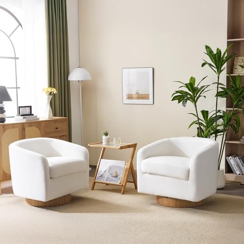 VINGLI 360°Swivel Accent Chairs Set of 2 with Engineered Wood Base and Removable Cushion for Living Room, Bedroom, Curved Back Barrel Chairs for Small Space, Upholstered Bucket Armchairs, Teddy White