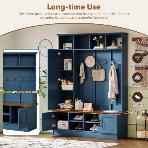 Merax Farmhouse Wood Hall Tree with 6 Hooks and Shoe Storage Bench, Blue
