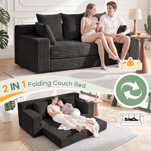 Boneless Couch for Living Room, 3 Seater Convertible Sofa Bed in Box, Black