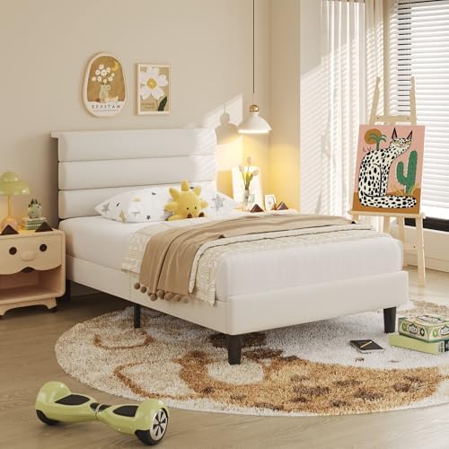 Fluest Twin Bed Frame, Platform Bed Frame with Velvet Upholstered Headboard, No Box Spring Needed, Sturdy Metal Support, Noise Free, Easy Assembly, Modern Bedroom Furniture, Beige