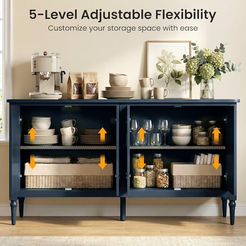 RoyalCraft Buffet Cabinet with Storage, Vintage Sideboard with Adjustable Shelves, Mid Century Modern Painted Credenza Coffee Bar for Kitchen, Dining Room, Entryway, Blue