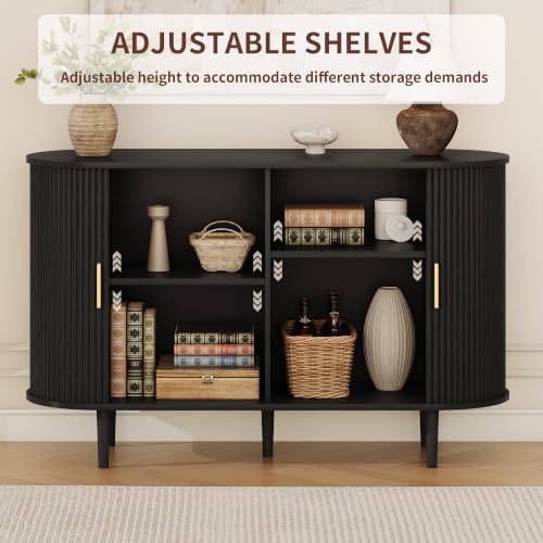 47.2" Sideboard Buffet Cabinet with Sliding Door,Fluted Cabinet with Storage & 2 Adjustable Shelfs,Mid Century Modern Coffee Bar Console Table for Kitchen, Living Room, Entryway，Black