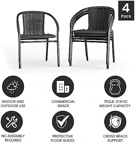 Flash Furniture Lila Modern Rattan Indoor/Outdoor Stackable Dining Chairs, Stacking Rattan Bistro Chairs for Patio or Restaurant, Set of 4, Gray