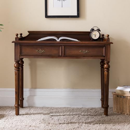 Mid Century Modern Desk with Baffle and Drawers, Vintage Solid Wood Writing Desk Stool Set for Small Space, Bedroom, Living Room, Makeup Vanity Console Table (Without Chair,39.4in(100cm))