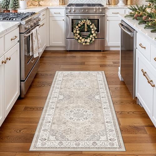 Washable 2x5 Hallway Runner Rug: Vintage Water Resistant Kitchen Entryway Rug Ultra Soft Living Room Bedroom Carpet with Non Slip Backing Indoor Low Pile Floor Mat for Bathroom Dining Room(2X5,Beige)