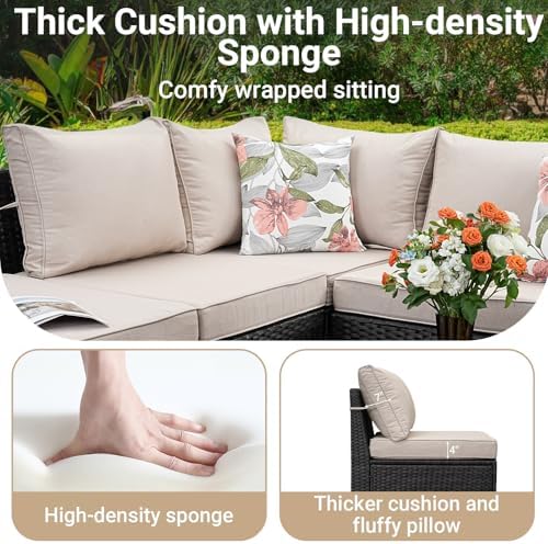 Jing's Villa 10-Piece Patio Furniture Set, All-Weather Outdoor Wicker Sectional Sofa with Cushions, Glass Table & Left and Right Armrest, Rattan Conversation Seating for Porch, Garden, Backyard,Beige