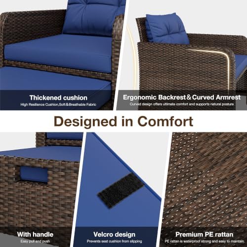 LHBcraft 5 Piece Patio Furniture Set, PE Wicker Outdoor Furniture Set with Soft Cushions & Coffee Table, Outdoor Lounge Chairs with Ottoman for Porch, Lawn, Balcony, Blue-Brown