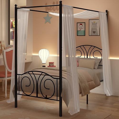 VECELO Twin Canopy Bed Frame, Vintage Scrollwork Headboard, Matte Black
