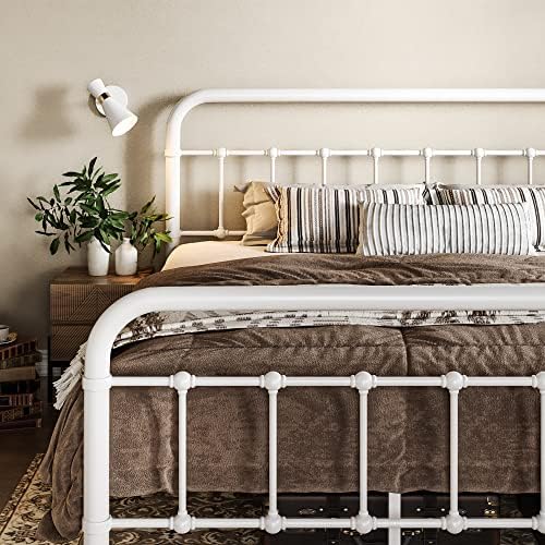 Allewie King Metal Bed Frame with Victorian Iron-Art Headboard, White