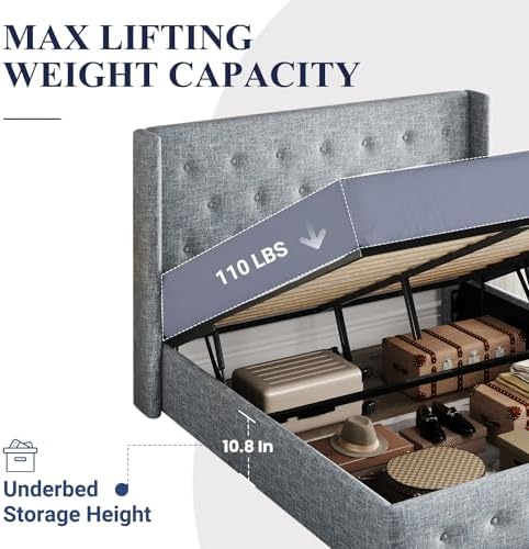 Allewie Queen Size Lift Up Storage Button-Tufted Bed Frame Blue Grey