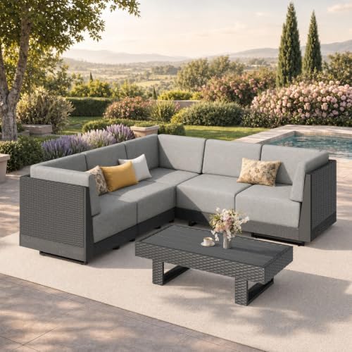 PHI VILLA 6 Piece Wicker Patio Sectional Furniture Set 8.7" Gray Cushion
