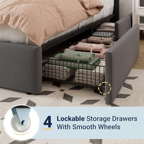 Allewie Queen Size Storage Bed Frame, Vertical Channel Tufted Adjustable Headboard, Velvet Upholstered Platform Bed with 4 Oversized Underbed Drawers, Wooden Slats Support, No Box Spring Needed, Grey