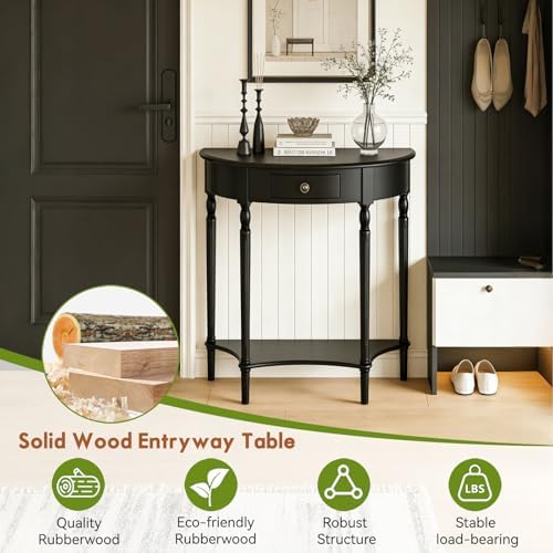 Half Moon Console Table Solid Wood Vintage Entryway Table with Storage Drawer Small Hallway Table for Entryway Half Round Foyer Tables Walnut Entry Way Tables For Entrance(Black, W-39.4")