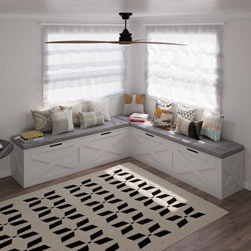 Bobve L-Shape Storage Bench with Cushion, Backless Corner Dining Bench, Kitchen Dining Nook Bench with Hidden Storage for Dining Room, Kitchen, Entryway (White+Grey)