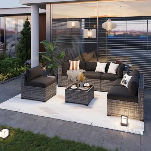 Aoxun Patio Furniture Sets, 7-Piece Outdoor Patio Furniture with Thick Cushions, Wicker Outdoor Conversation Set Sectional Sofa for Backyard, Poolside, Garden (Black-Grey, 7 x 25.2 - Seats)