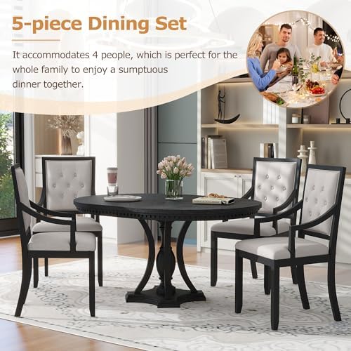 LUMISOL 5-Piece Solid Wood Dining Table Set for 4, Extendable Round Kitchen Table Set with 4 Upholstered Chairs, Farmhouse Table and Chairs Set for Kitchen, Dining Room, Black+Beige
