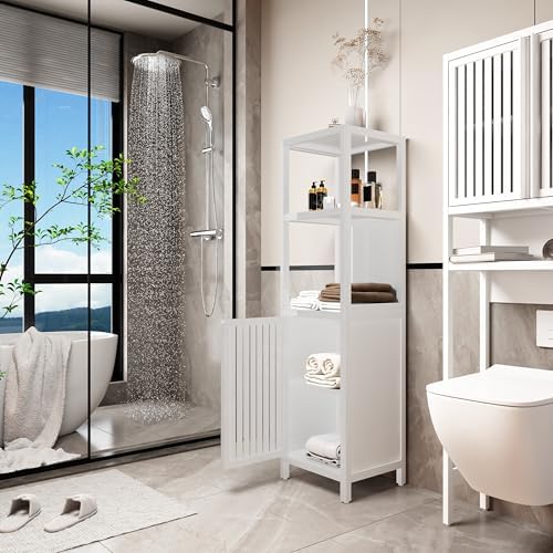 GDFStudio 52" Tall White Bamboo Storage Cabinet, Slim Freestanding Linen Tower with Open Shelves & Door Cabinet, Narrow Floor Organizer for Bathroom, Bedroom, Living Room, Kitchen