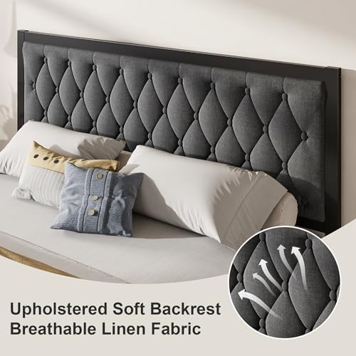 Fluest King Bed Frame with Headboard Linen Upholstered Bed Frame Platform,All Metal Slats Support Platform Bed Frame with Storage Space,Easy Assembly,Noise Free,No Box Spring Needed,Grey