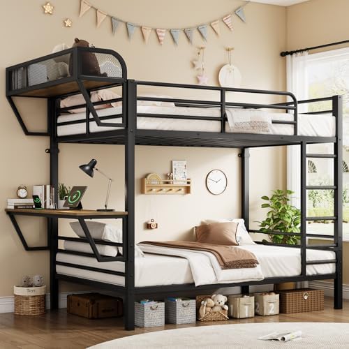 ONBRILL Bunk Bed Twin Over Twin, Metal Bunk Beds with Desk & Outlet, Black