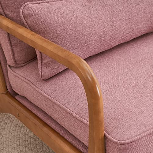 Bonnlo Linen Pink Mid Century Modern Accent Chair, Soild Wood Padding Lounge Armchairs Side Sitting Chairs for Living Room, Bedroom, Guest Room