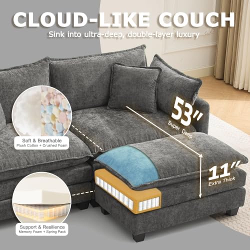 148" Modular Sectional Sofa, U Shaped Cloud Couch with 2 Ottomans