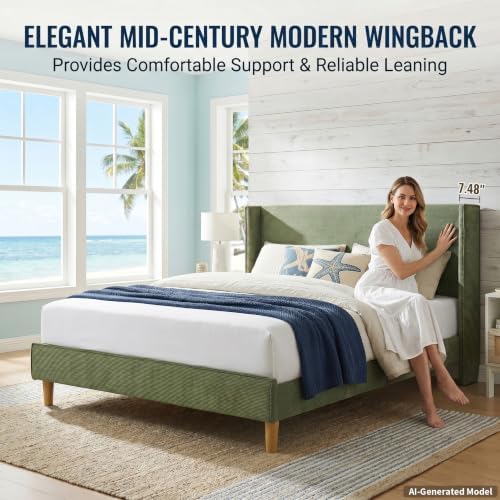 Full Corduroy Upholstered Platform Bed with Headboard Wingback, Turtle