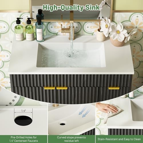 CARPETNAL 36 Inch Bathroom Vanity with Sink, Black. | Modern Fluted Bathroom Vanity with Sink with Storage Cabinet, Adjustable Shelf and 2 Soft Closing Doors & 3 Drawers.